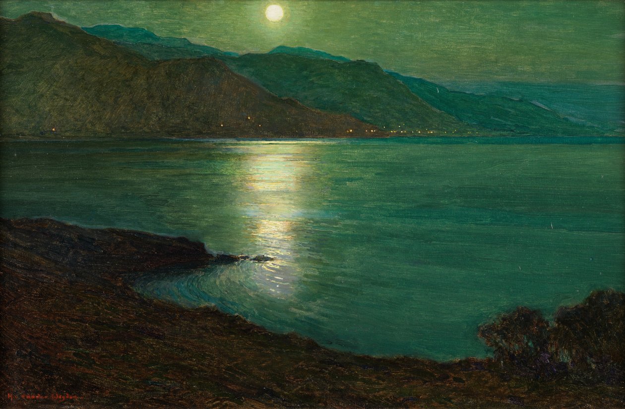 Moonlight - The Lights of Ventimiglia (olej na płótnie ułożonym na desce) autorstwa Harry van der Weyden