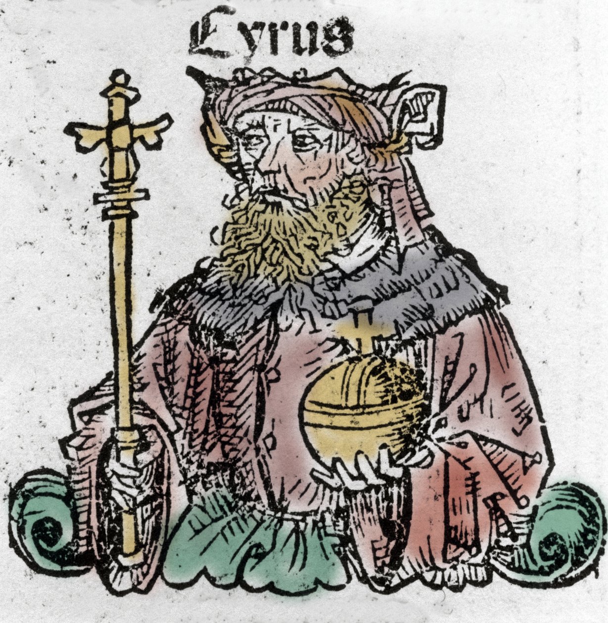 Cyrus II (529 pne), znany jako Cyrus Wielki, założyciel Imperium Perskiego, Ksylografia „” Kronik Norymbergi” Hartmanna Schedla autorstwa Hartmann Schedel