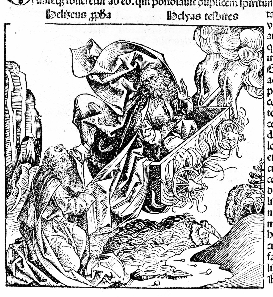 Eliasz wznosi się w ognistym rydwanie, pozostawiając swoją posiadłość Elisee. Hartmann Schedel: Kronika Norymbergi. Norymberga 1497 autorstwa Hartmann Schedel