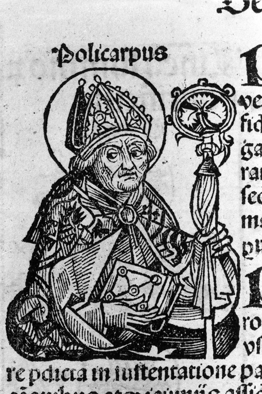 Portret św. Polikarpa ze Smyrny (ok. 69-155), eveque. Rycina z „Kroniki Norymberskiej” Schedla Hartmanna (1440-1514) autorstwa Hartmann Schedel