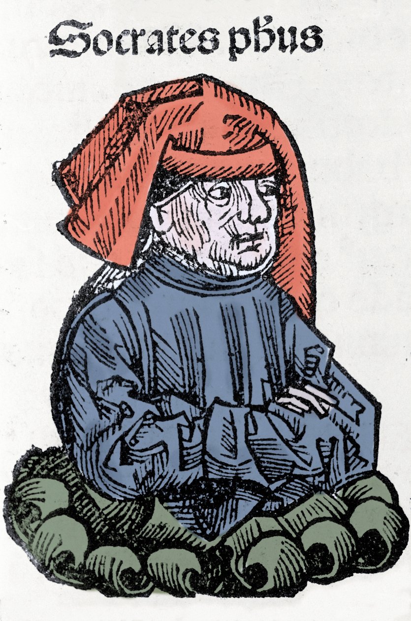 Portret Sokratesa (470-399 pne), filozofa greckiego. Ksylografia „Kroniki Norymbergi” Hartmanna Schedela autorstwa Hartmann Schedel