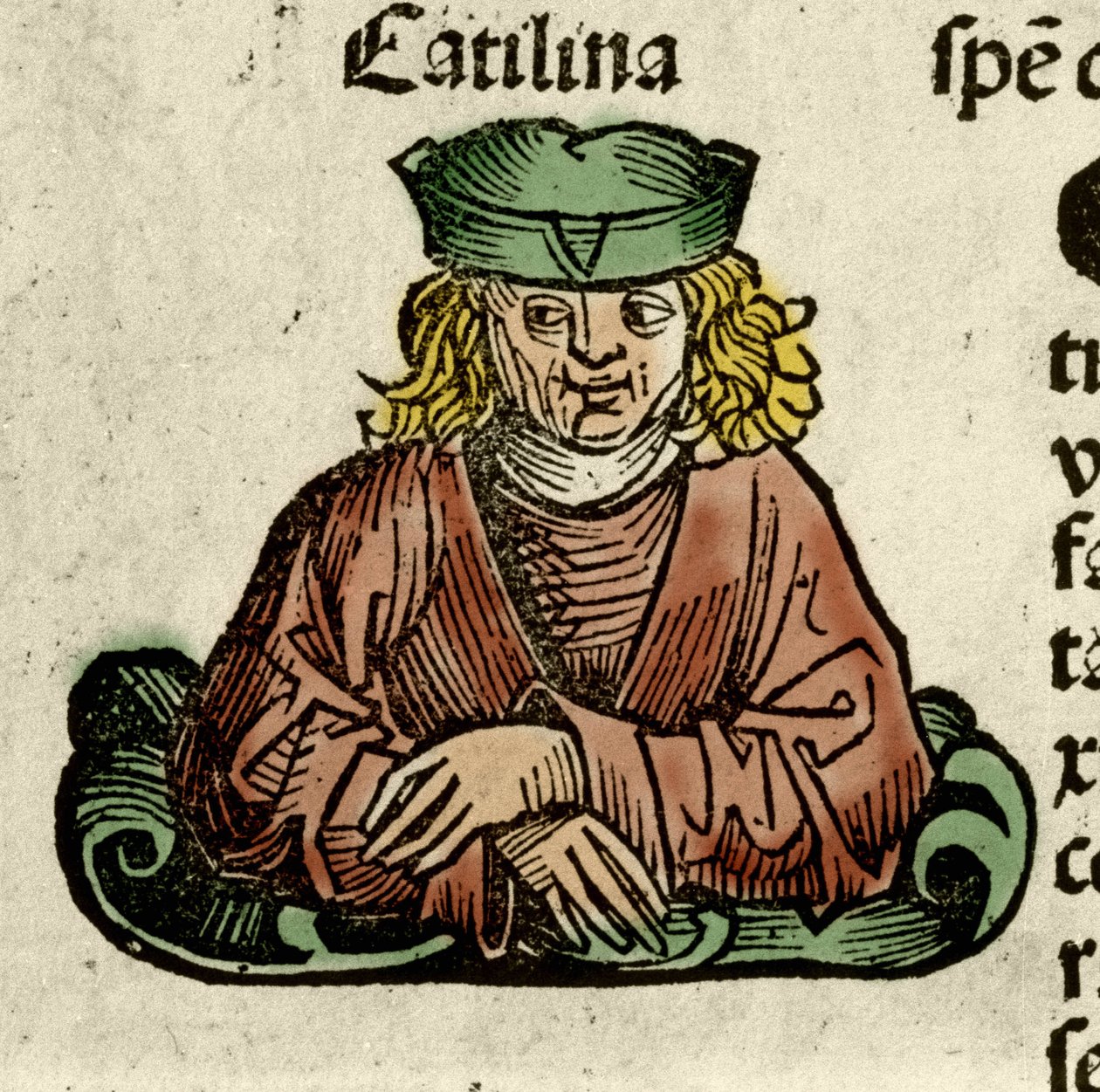 Reprezentacja Katyliny (Lucius Sergius Catilina) (108-62 pne), rzymskiego polityka, który spiskował przeciwko Senatowi. Grawer z „”Liber chronicarum”” Hartmanna Schedel autorstwa Hartmann Schedel