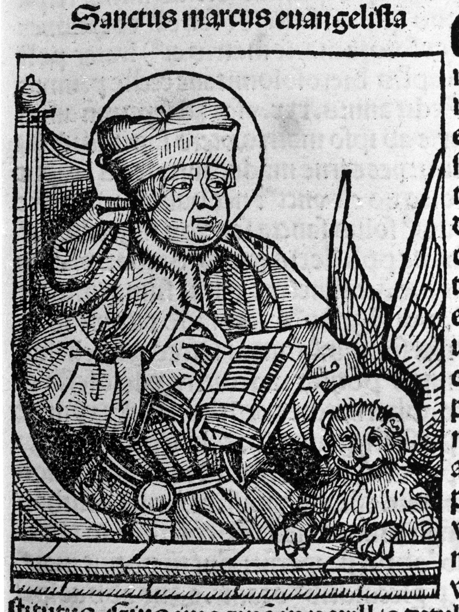 Reprezentacja ewangelisty św. Marka. Rycina z „Liber chronicarum” (kroniki norymberskie) Hartmanna Schedla 1493 autorstwa Hartmann Schedel