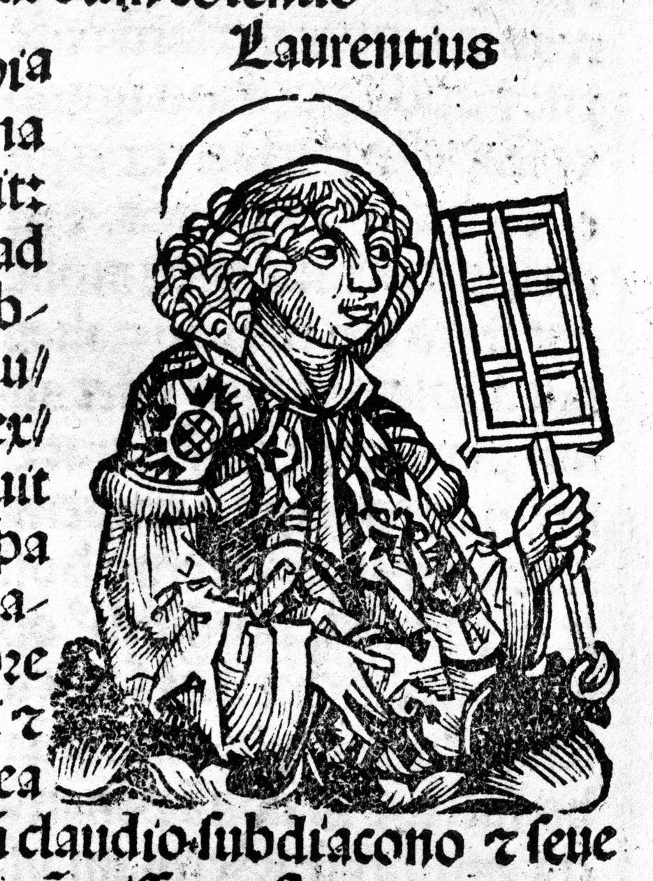 Saint Laurent trzymający w ręku grill, narzędzie jego męczeństwa. Rycina z „Liber Chronicarum Hartmanna Schedla” autorstwa Hartmann Schedel