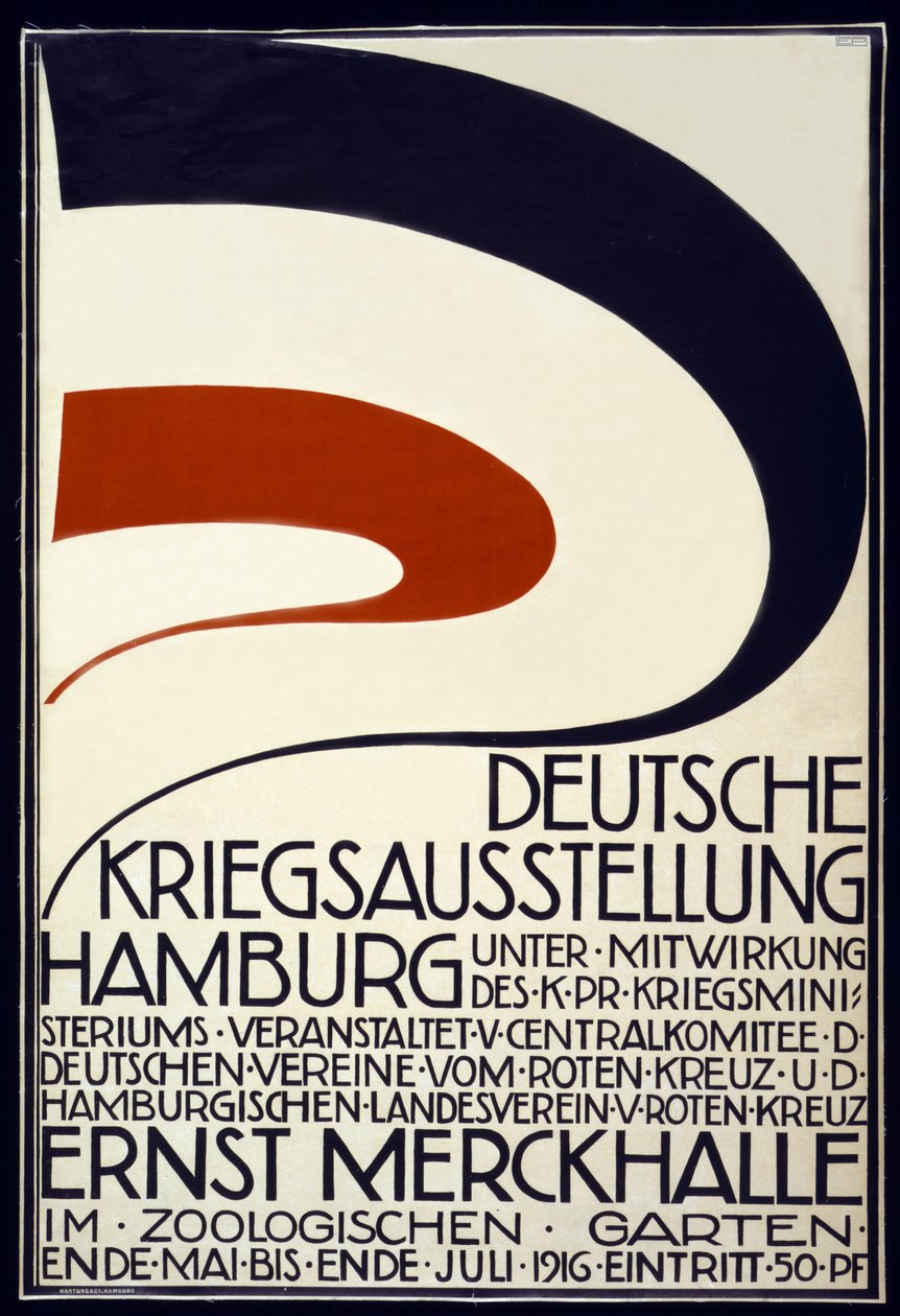 Plakat reklamujący wystawę wojenną sponsorowaną przez Czerwony Krzyż Deutsche Kriegsausstellung, Hamburg maj - lipiec 1916, 1916 autorstwa Hartung and Co.