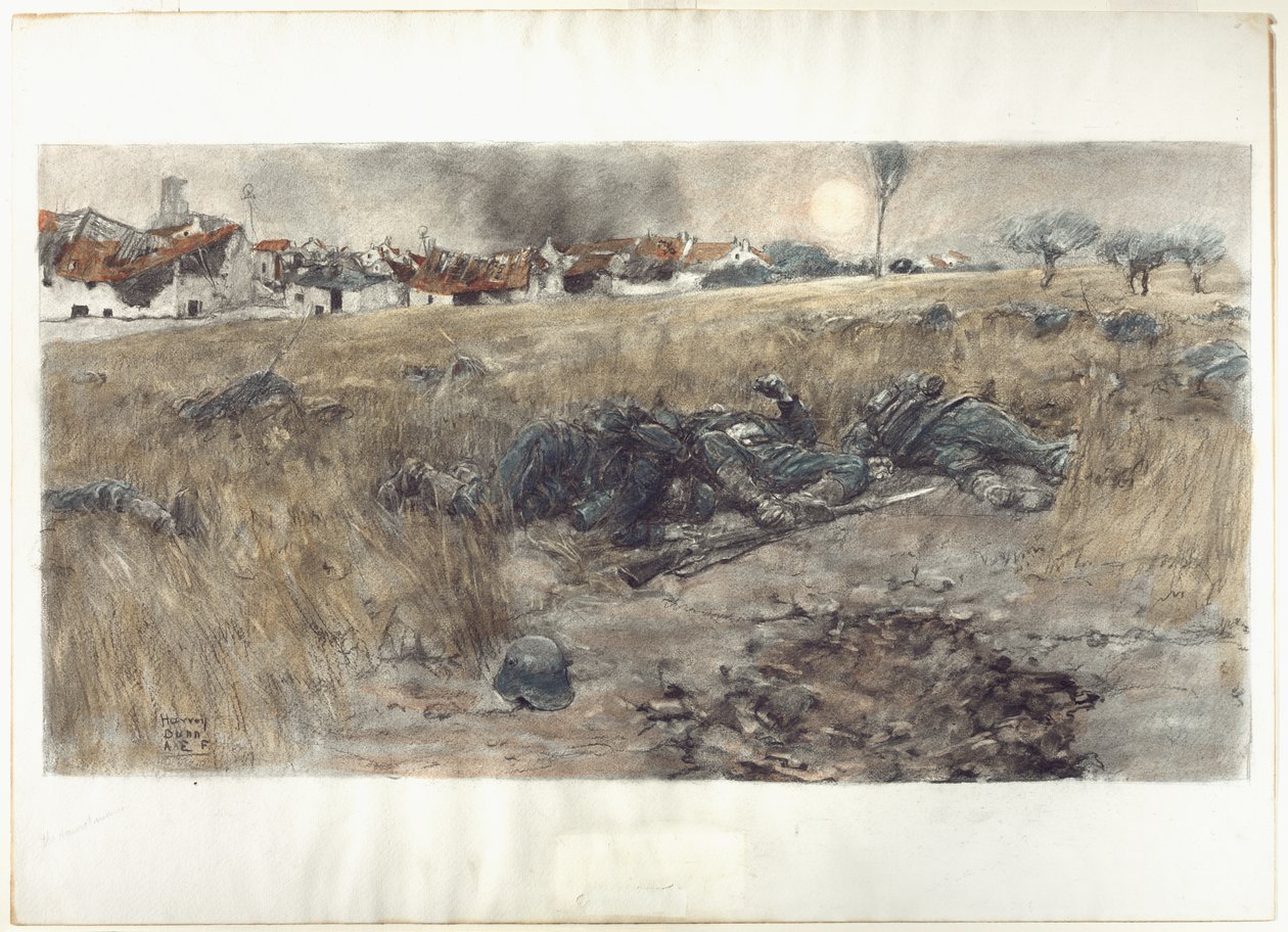 Księżyc w żniwa, ok. 1918 (węgiel i akwarela, pastel na papierze) autorstwa Harvey T. Dunn