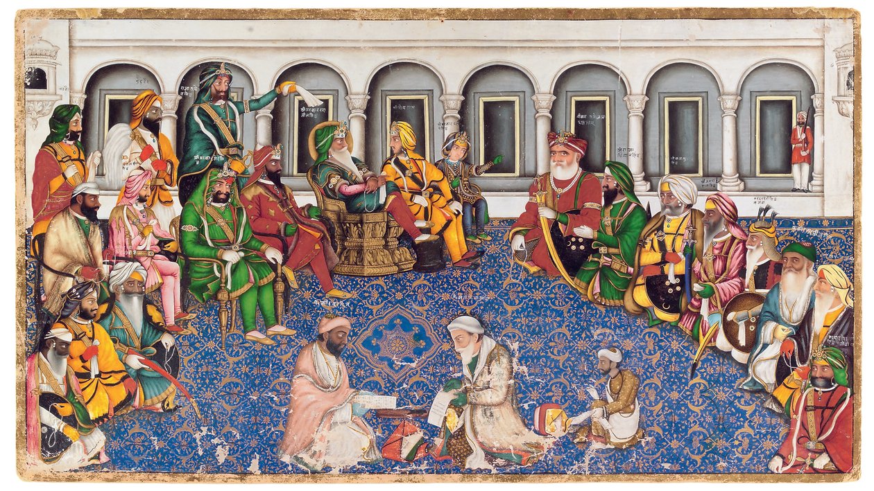 Darbar Maharadży Ranjita Singha, ok. 1850 (papier nieprzezroczysty, złoto i wosk) autorstwa Hasan al Din