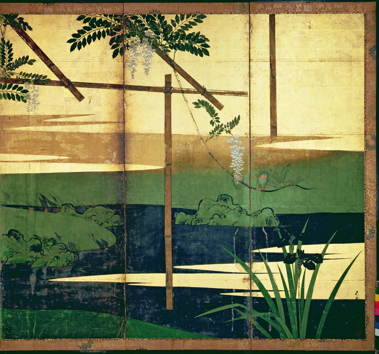 Kwitnąca wisteria (pióro i tusz, kolor, złoty papier na płycie) (patrz 216563) autorstwa Hasegawa Soen
