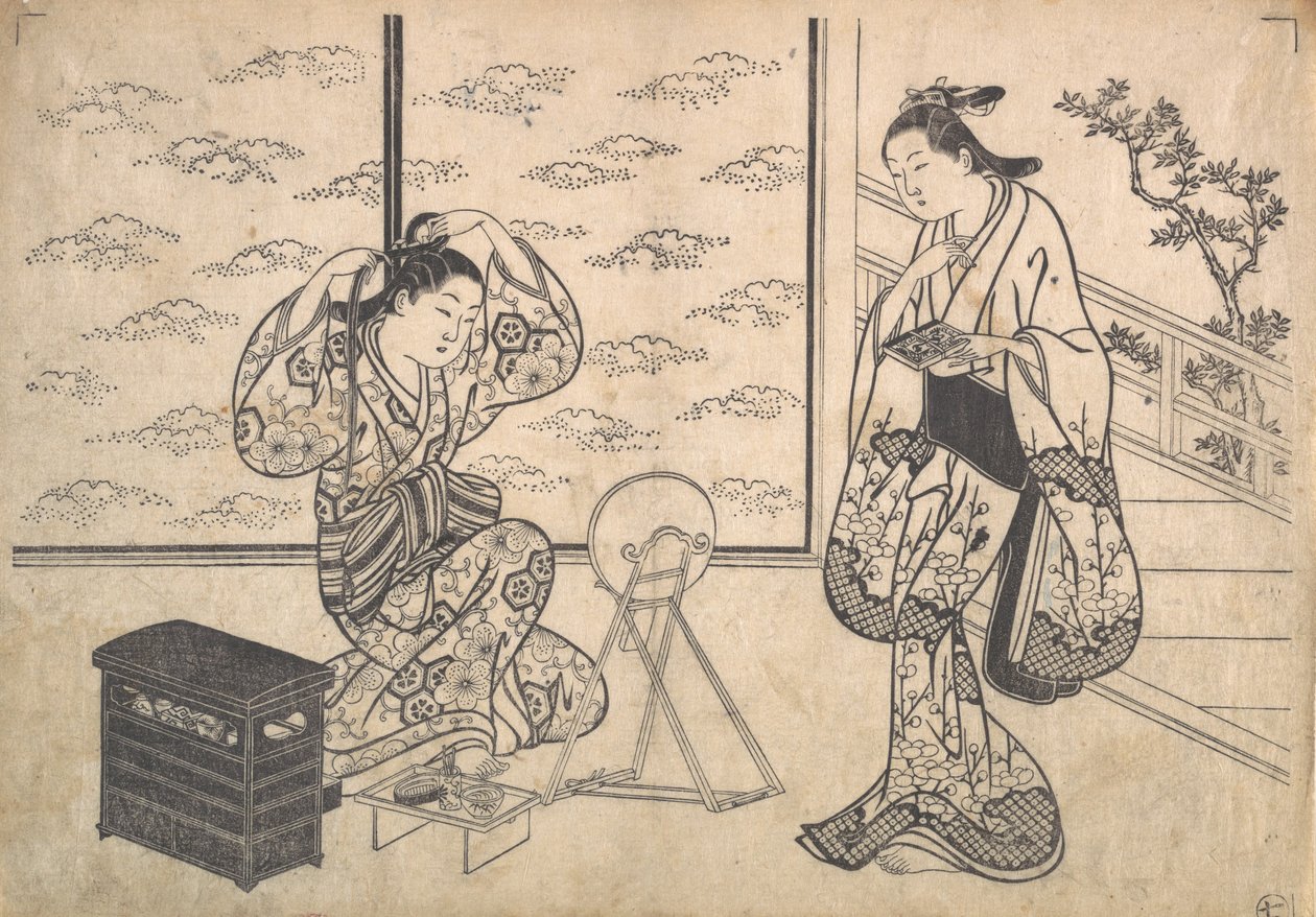 Dwie kobiety w otwarciu pokoju na werandzie, ca. 1730. autorstwa Hasegawa Mitsunobu
