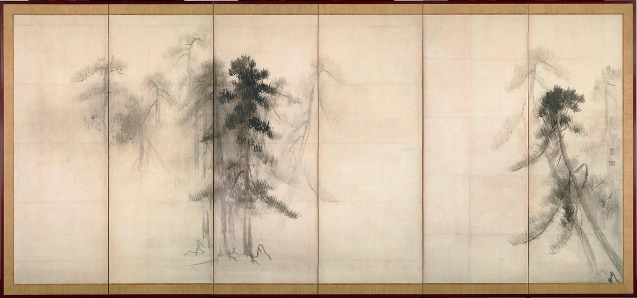 „Sosny” Tusz na papierze Tohaku Hasegawa (1539-1610) XVI w. Dim 156x356 cm Japonia Muzeum Narodowe w Tokio autorstwa Hasegawa Tohaku