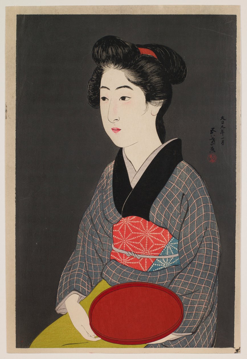 Kelnerka trzymająca tacę (Portret Onao, pokojówki w Matsuyoshi Inn, Kioto) autorstwa Hashiguchi Goyô