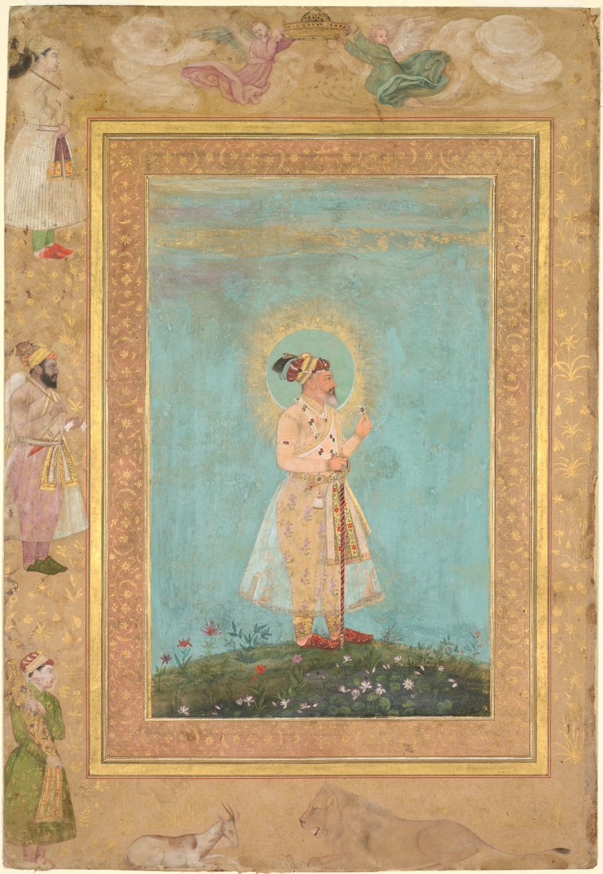 Shah Jahan trzymający spinel i długi dekański miecz, z albumu Późnego Szahdżahana, ok. 1930 r. 1650. autorstwa Hashim