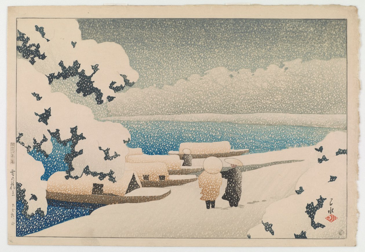 Śnieg w Hashidate (Yuki no hashidate), z serii Pamiątki z podróży II (Tabi miyage dai nishū) autorstwa Hasui Kawase