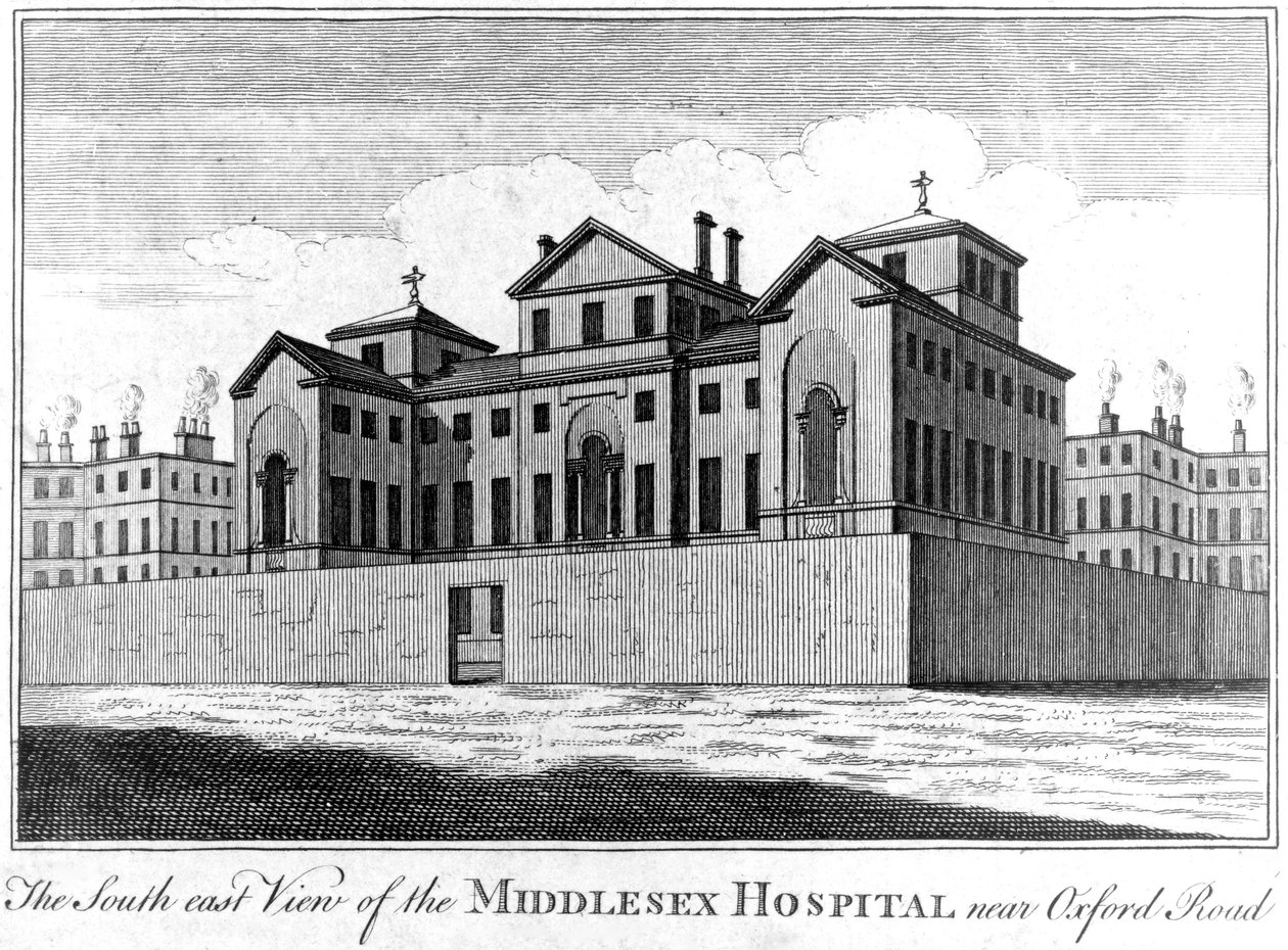 Południowo-wschodni widok szpitala Middlesex, 1745 autorstwa Haynes King