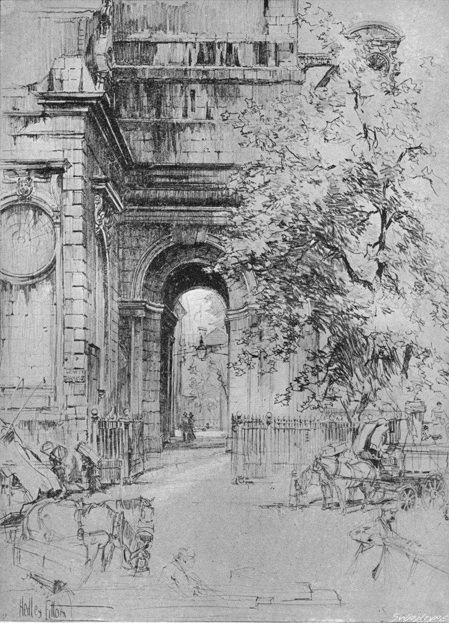 „Stare wejście do London Bridge pod wieżą św. Magnusa”, ok. 1902, 1903 r. autorstwa Hedley Fitton