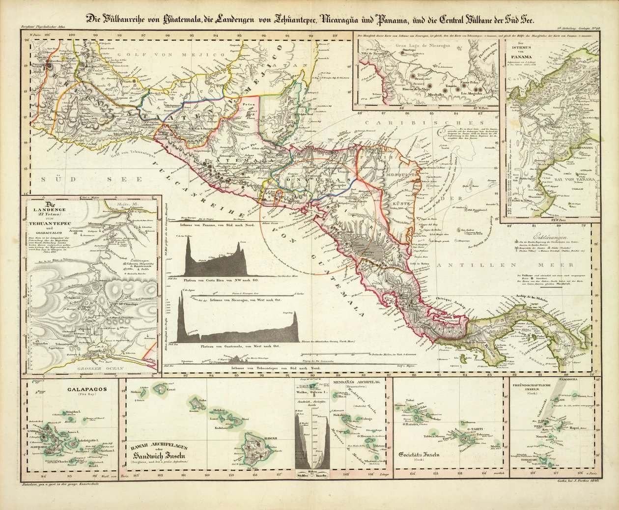 Mapa Ameryki Środkowej, Galapagos i Hawajów autorstwa Heinrich Berghaus