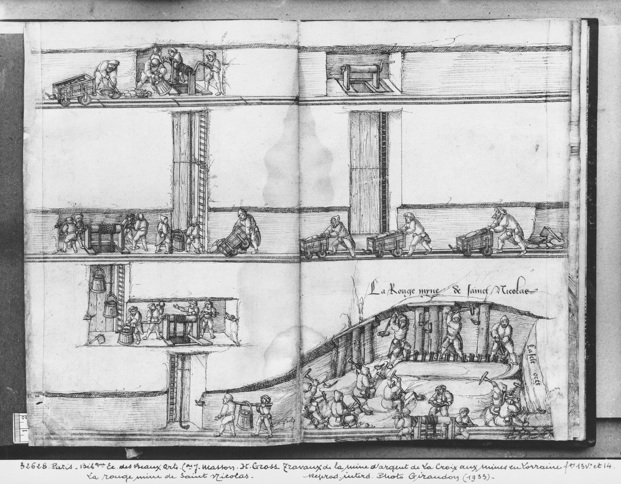 Kopalnia srebra La Croix-aux-Mines, Lotaryngia, fol.13v i fol.14r, czerwona kopalnia św. Mikołaja, ok.1530 (pióro i atrament i wc na papierze) autorstwa Heinrich Gross or Groff