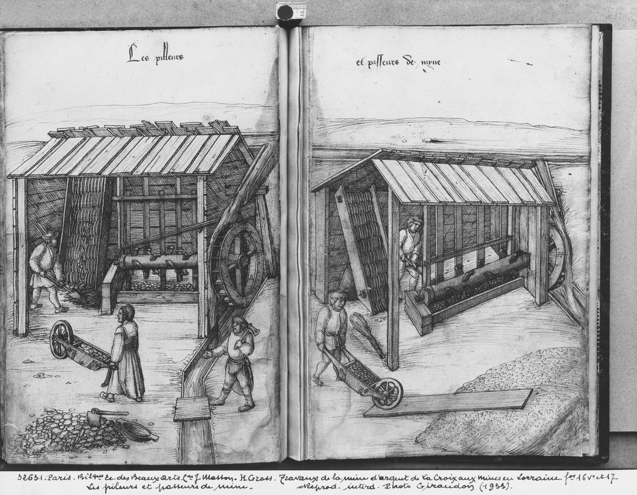 Kopalnia srebra La Croix-aux-Mines, Lorraine, fol.16v i fol.17r, kruszenie i mycie rudy, ok. 1530 (pióro i atrament i wc na papierze) autorstwa Heinrich Gross or Groff