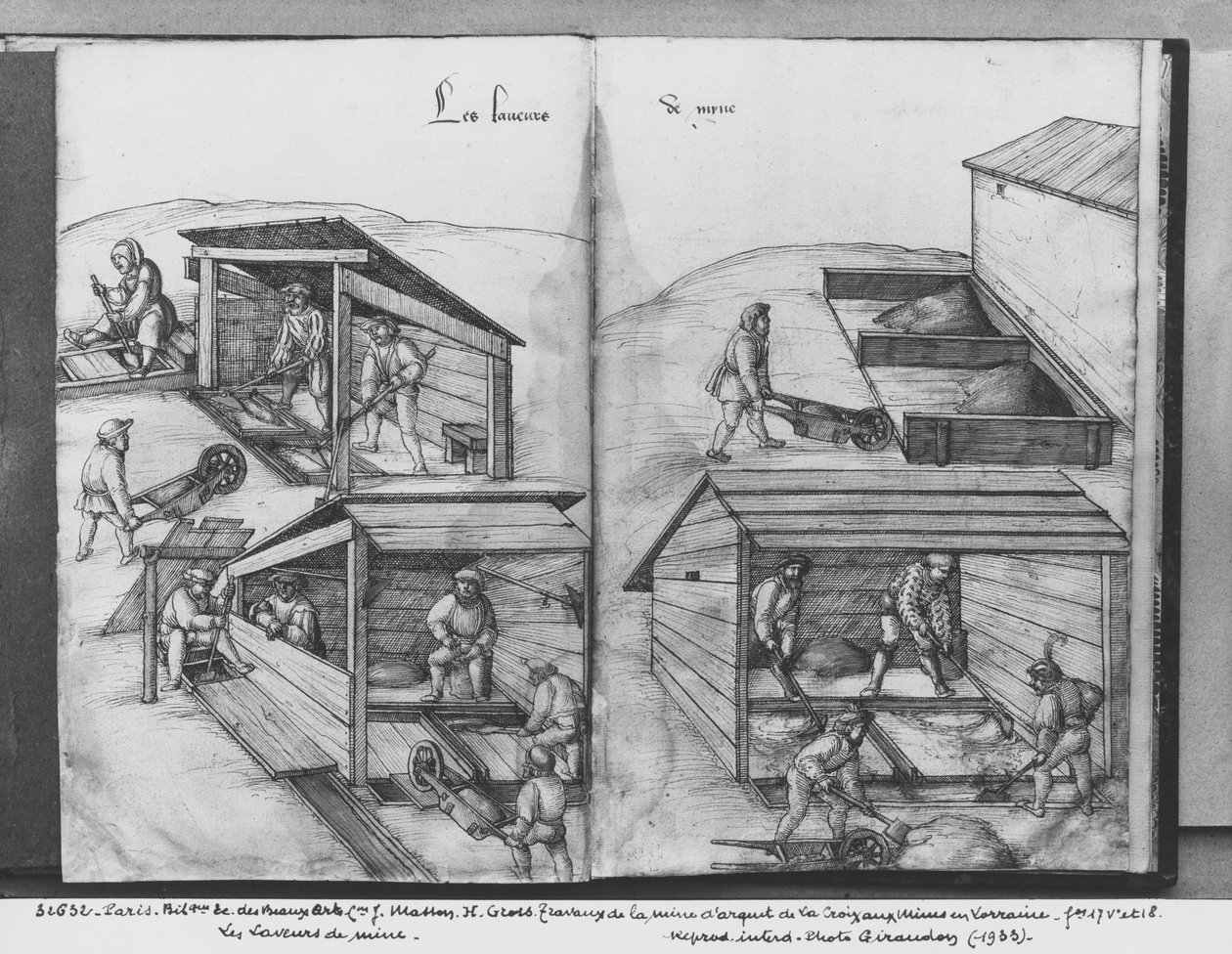 Kopalnia srebra w La Croix-aux-Mines, Lotaryngia, fol.17v i fol.18r, płukanie rudy, ok. 1530 (pióro, tusz i wc na papierze) autorstwa Heinrich Gross or Groff