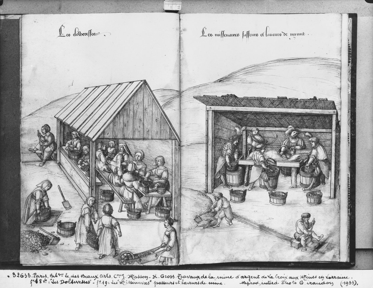 Kopalnia srebra La Croix-aux-Mines, Lorraine, fol.18v i fol.19, sortowanie i mycie rudy, ok. 1530 (pióro i atrament i wc na papierze) autorstwa Heinrich Gross or Groff