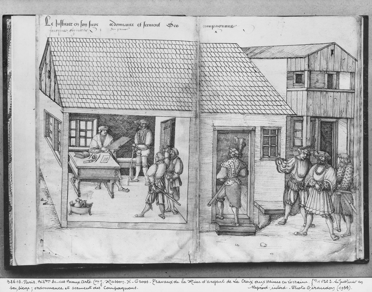 Kopalnia srebra La Croix-aux-Mines, Lotaryngia, fol.1v i fol.2, sędzia kopalń, edykt i przysięga towarzyszy, ok. 1530 (pióro i atrament i wc na papierze) autorstwa Heinrich Gross or Groff