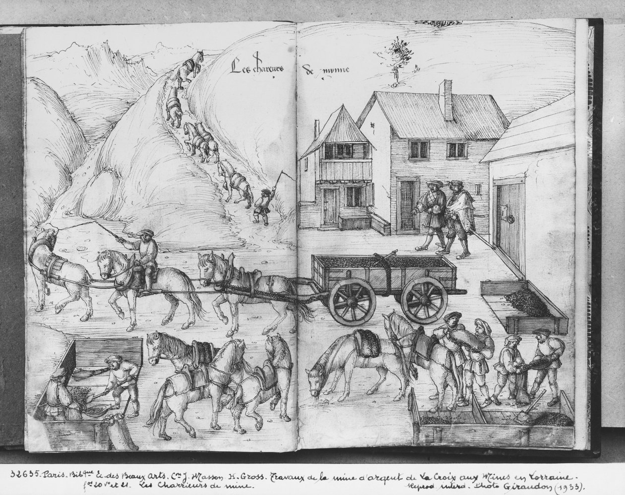 Kopalnia srebra La Croix-aux-Mines, Lorraine, fol.20v i fol.21r, transport rudy, ok. 1530 (pióro i atrament i wc na papierze) autorstwa Heinrich Gross or Groff
