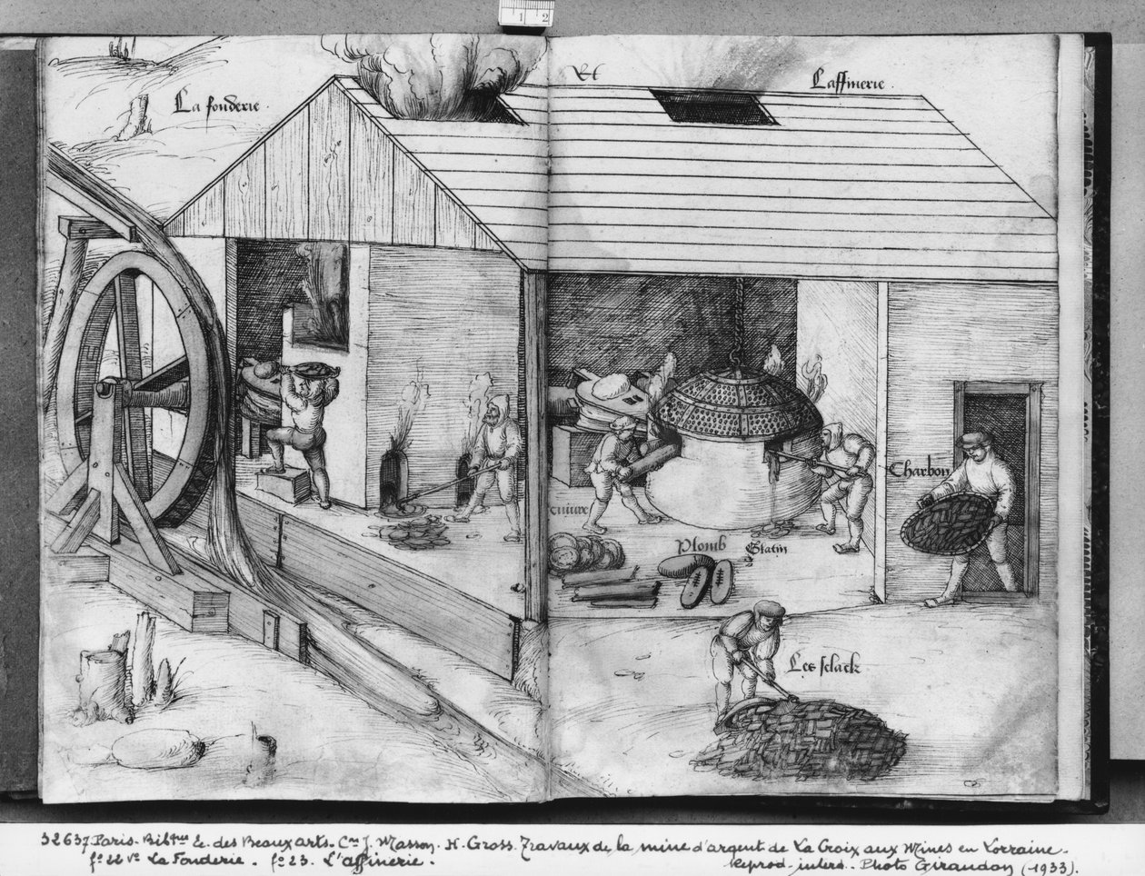 Kopalnia srebra La Croix-aux-Mines, Lotaryngia, fol.22v i fol.23r, odlewnia i rafinacja, ok. 1530 (pióro i atrament i wc na papierze) autorstwa Heinrich Gross or Groff