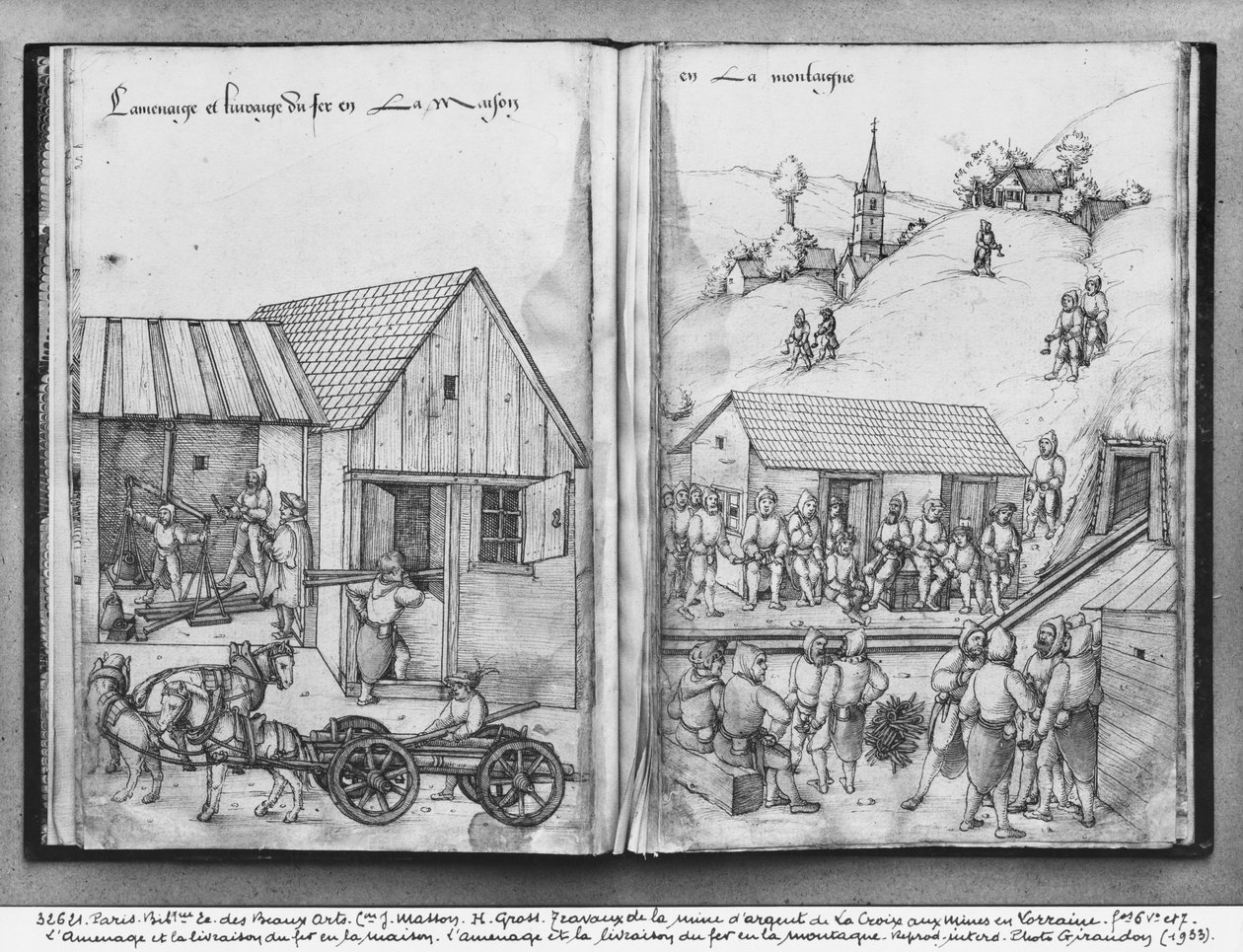 Kopalnia srebra La Croix-aux-Mines, Lorraine, fol.6vand fol.7r, dostarczająca i dostarczająca żelazo, ok. 1530 (pióro i atrament i toaleta na papierze) autorstwa Heinrich Gross or Groff
