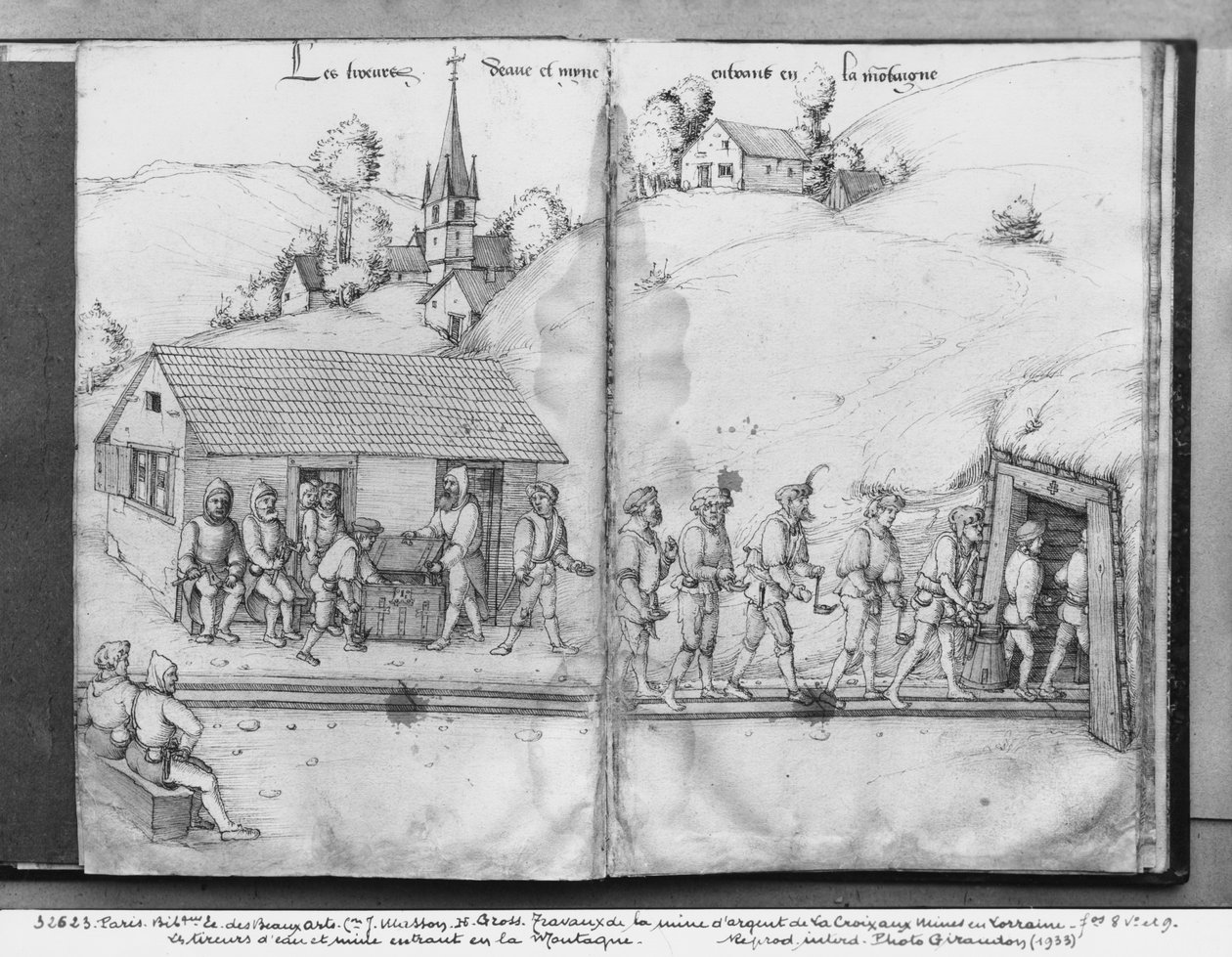 Kopalnia srebra La Croix-aux-Mines, Lorraine, fol.8v i fol.9r, górnicy wchodzący do kopalni, ok. 1530 (pióro i atrament i wc na papierze) autorstwa Heinrich Gross or Groff