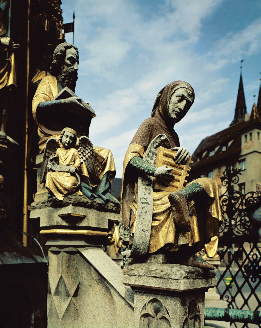 Fontanna Schoner Brunnen, fragment św. Mateusza i personifikacja muzyki, 1385-96 autorstwa Heinrich Parler