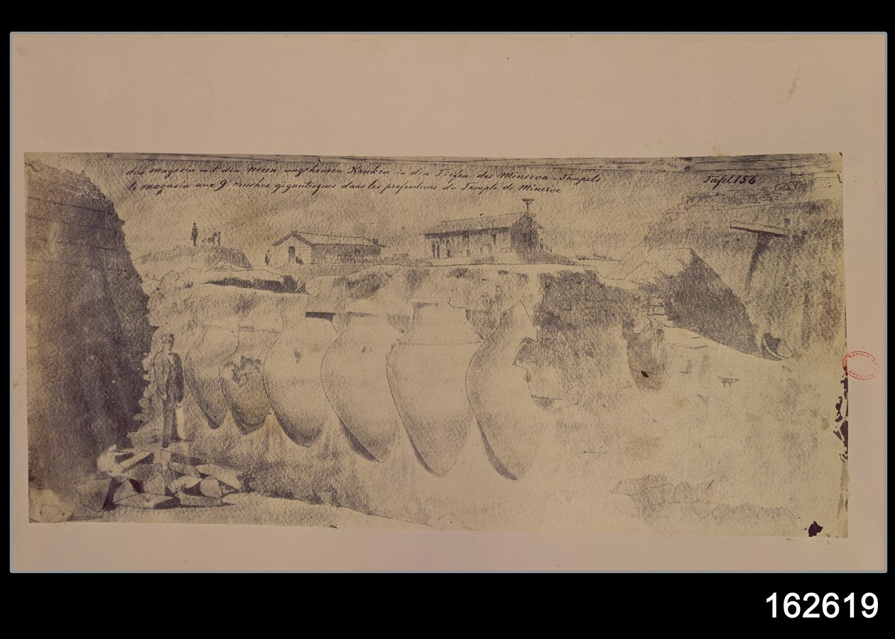 Szkic sklepu z dziewięcioma gigantycznymi amforami na dolnych poziomach Świątyni Minerwy, z wykopalisk w Troi (pióro, atrament i pranie) autorstwa Heinrich Schliemann