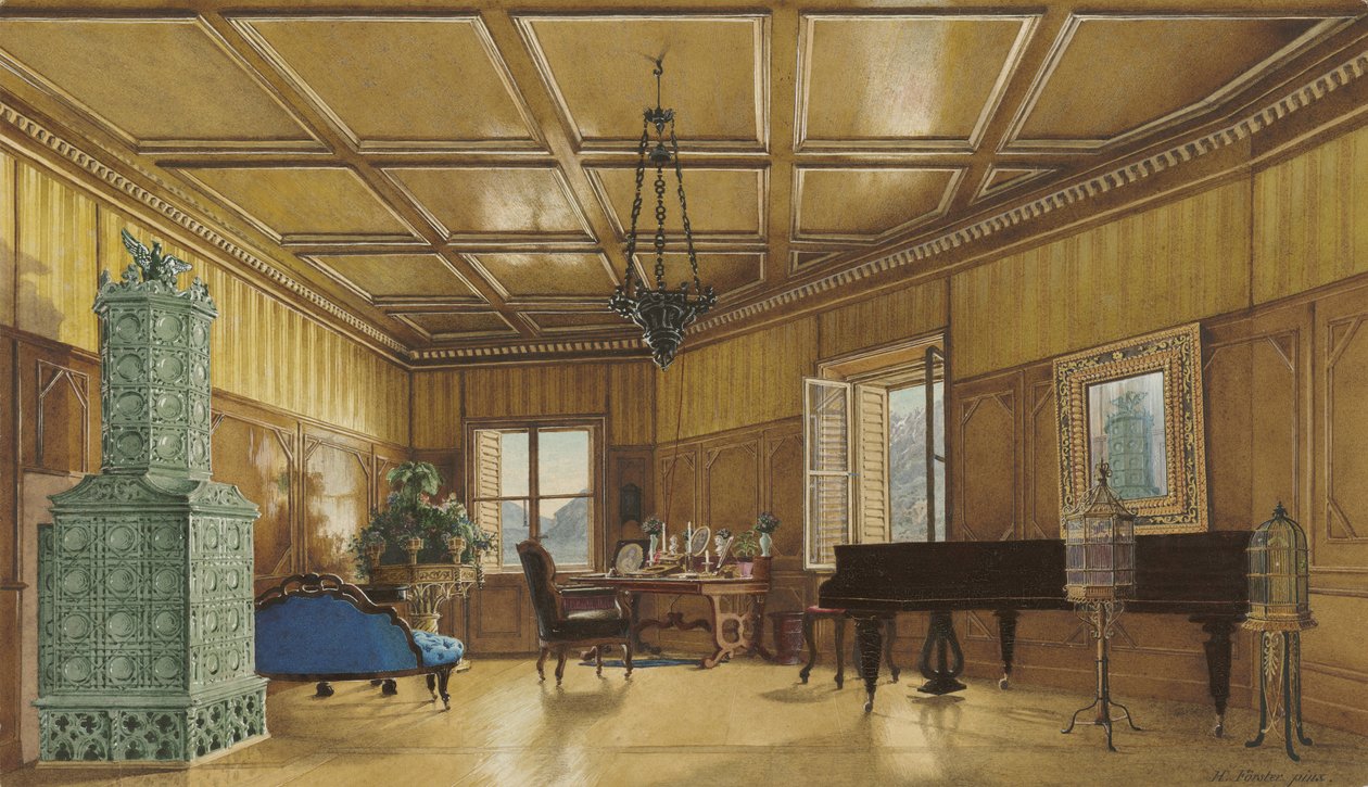 Sala Muzyczna Arcyksiężnej Małgorzaty, księżnej Saksonii, w Schloss Ambras, 1870-9 (akwarela i gwasz na papierze plecionym) autorstwa Heinrich von Förster