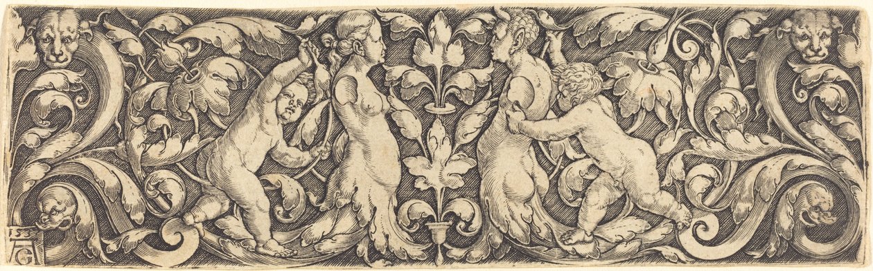 Krzyż Panel z winoroślą w środku i para Trytonów, 1537. autorstwa Heinrich Aldegrever