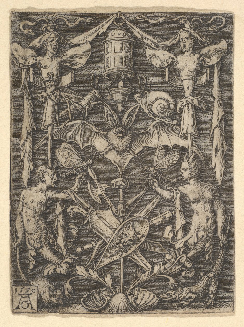 Projekt groteski kandelabrów z nietoperzem w środku, 1550. autorstwa Heinrich Aldegrever
