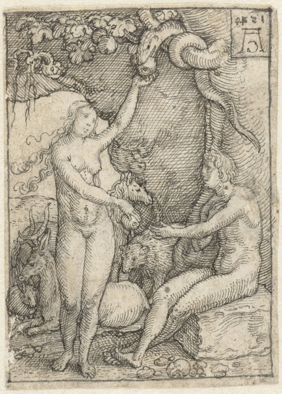 Ewa dociera do Adama Jabłka pod drzewem z wężem Rysunki projektowe do serii rycin The Power of Death (tytuł serii) autorstwa Heinrich Aldegrever