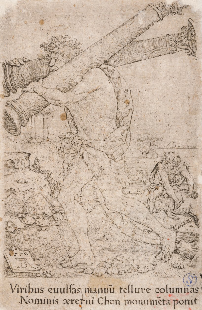 Herkules niosący kolumny Gadesa, z serii:  The Labours of Hercules (12) autorstwa Heinrich Aldegrever