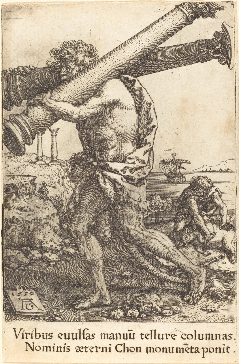 Herkules niosący dwie kolumny Gazy, 1550. autorstwa Heinrich Aldegrever