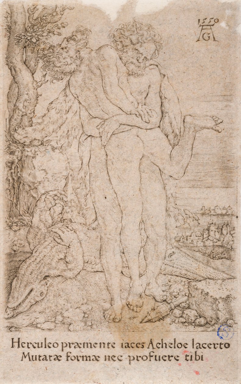 Herkules walczący z rzecznym bogiem Achelousem, z serii:  The Labours of Hercules (7) autorstwa Heinrich Aldegrever