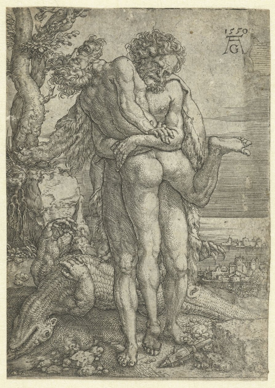 Herkules walczy z bogiem rzeki Achelos Prace Herkulesa (tytuł serii) autorstwa Heinrich Aldegrever