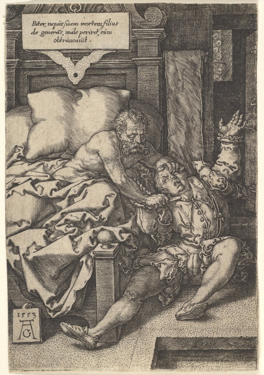 Sędzia Herkinbald podcina gardło swemu bratankowi, 1553. autorstwa Heinrich Aldegrever