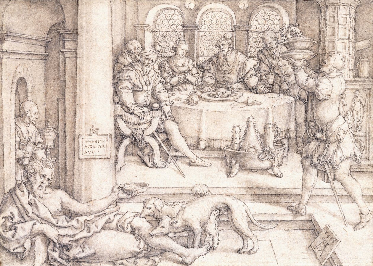 Łazarz błagający o okruchy ze stołu nurkowego, 1552 autorstwa Heinrich Aldegrever