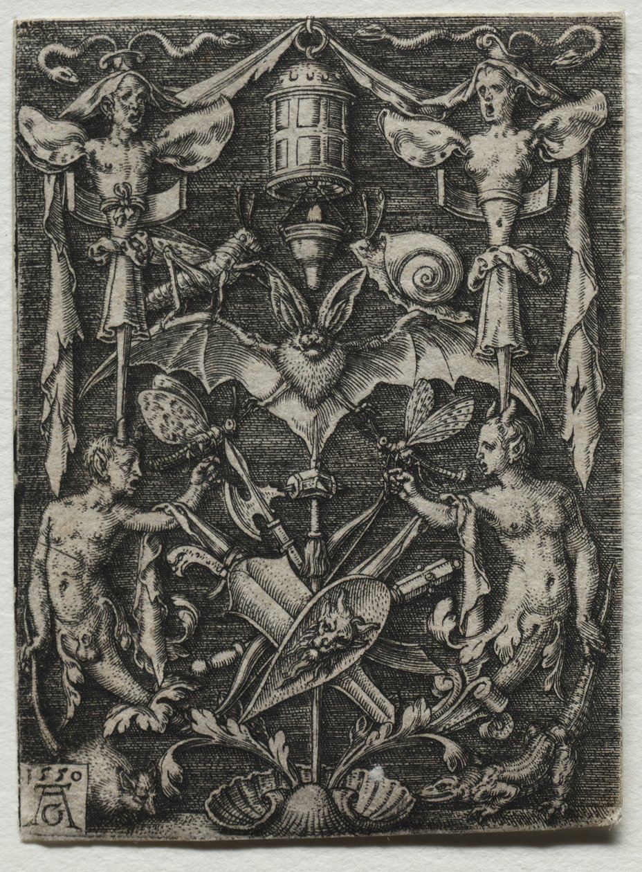 Projekt ornamentu z nietoperzem w środku, 1550. autorstwa Heinrich Aldegrever
