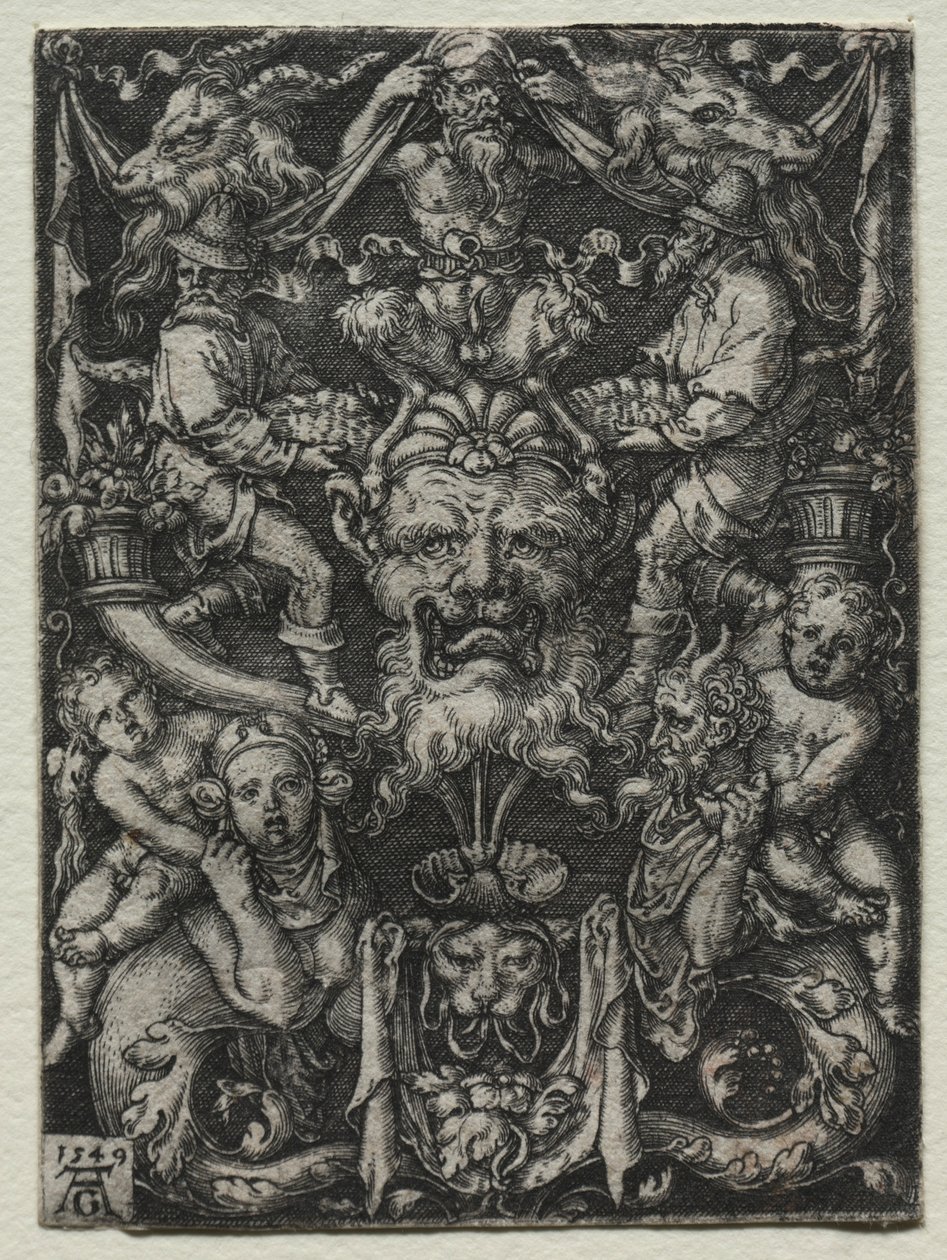 Projekt ornamentu z maską, para trytonów i dwoje dzieci poniżej, 1549. autorstwa Heinrich Aldegrever