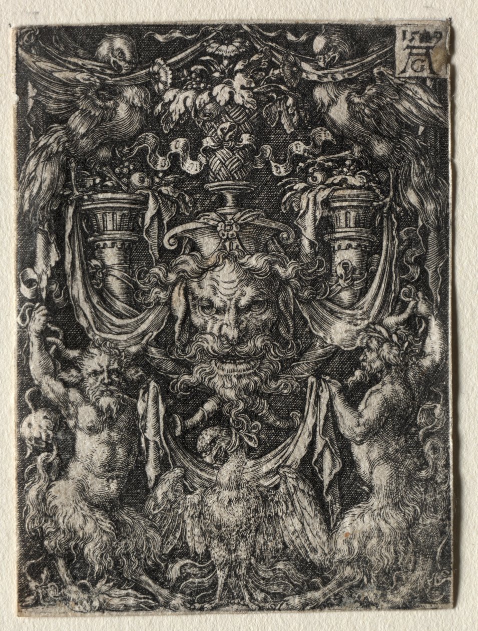 Wzór ornamentu z maską i orłem pomiędzy dwoma faunami poniżej autorstwa Heinrich Aldegrever
