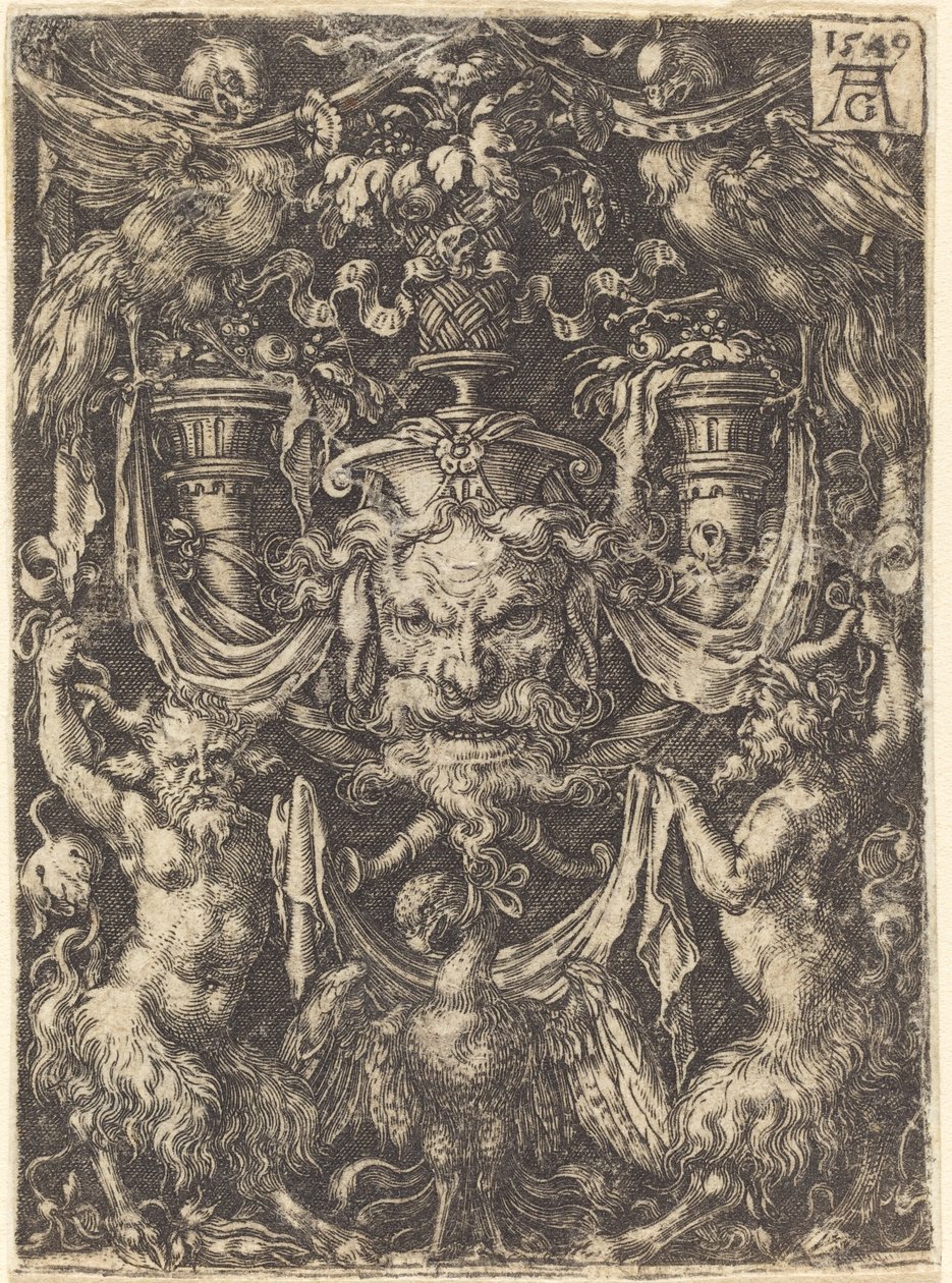 Ornament z maską, orzeł między satyrami z dołu, 1549. autorstwa Heinrich Aldegrever