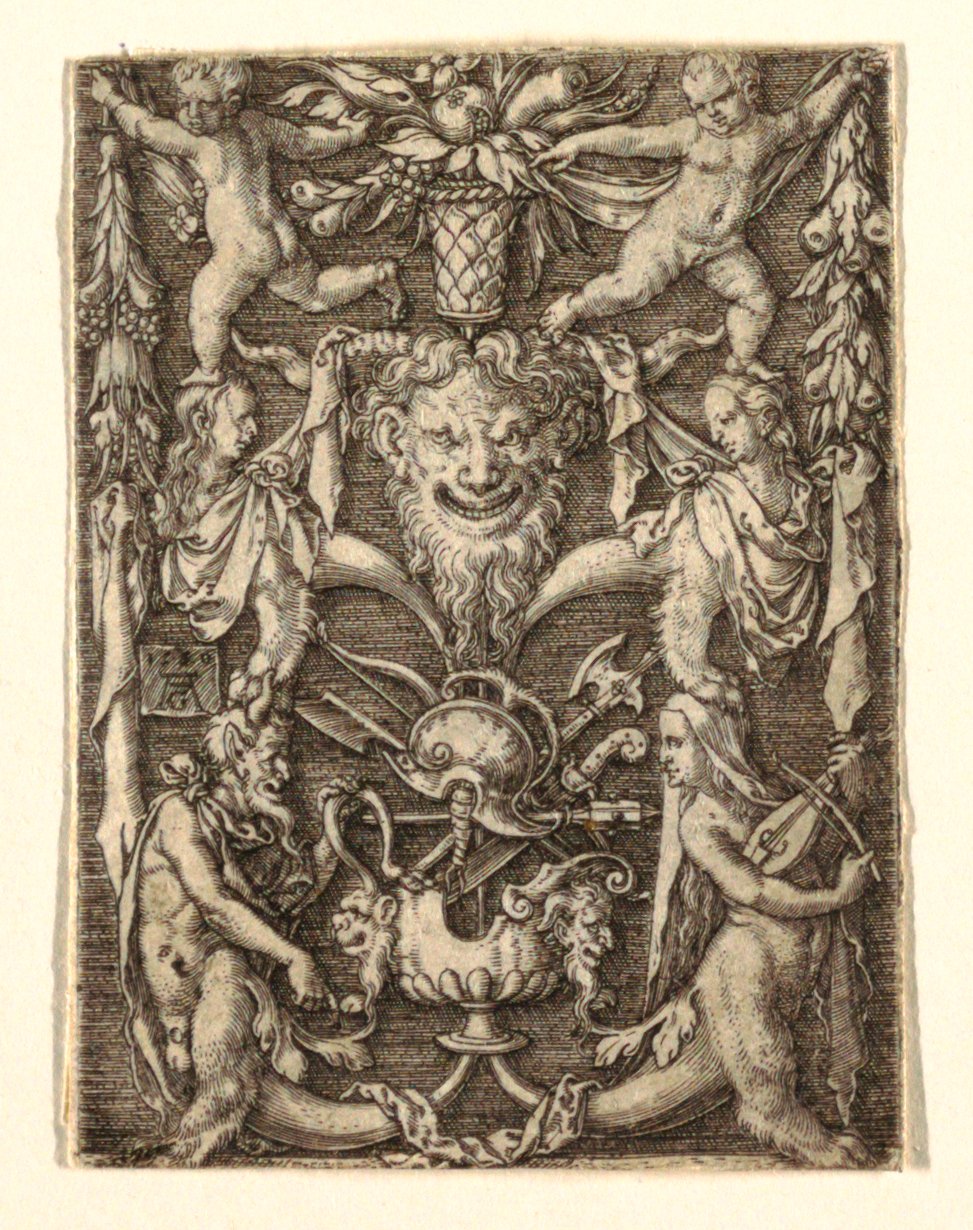 Ornament z maską i figurami groteskowymi autorstwa Heinrich Aldegrever