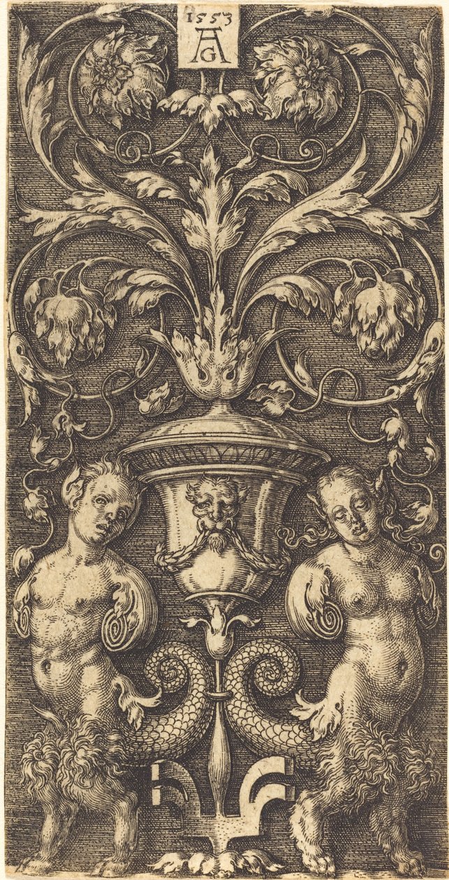 Ornament z wazonem i dwiema postaciami kobiecymi, 1553. autorstwa Heinrich Aldegrever