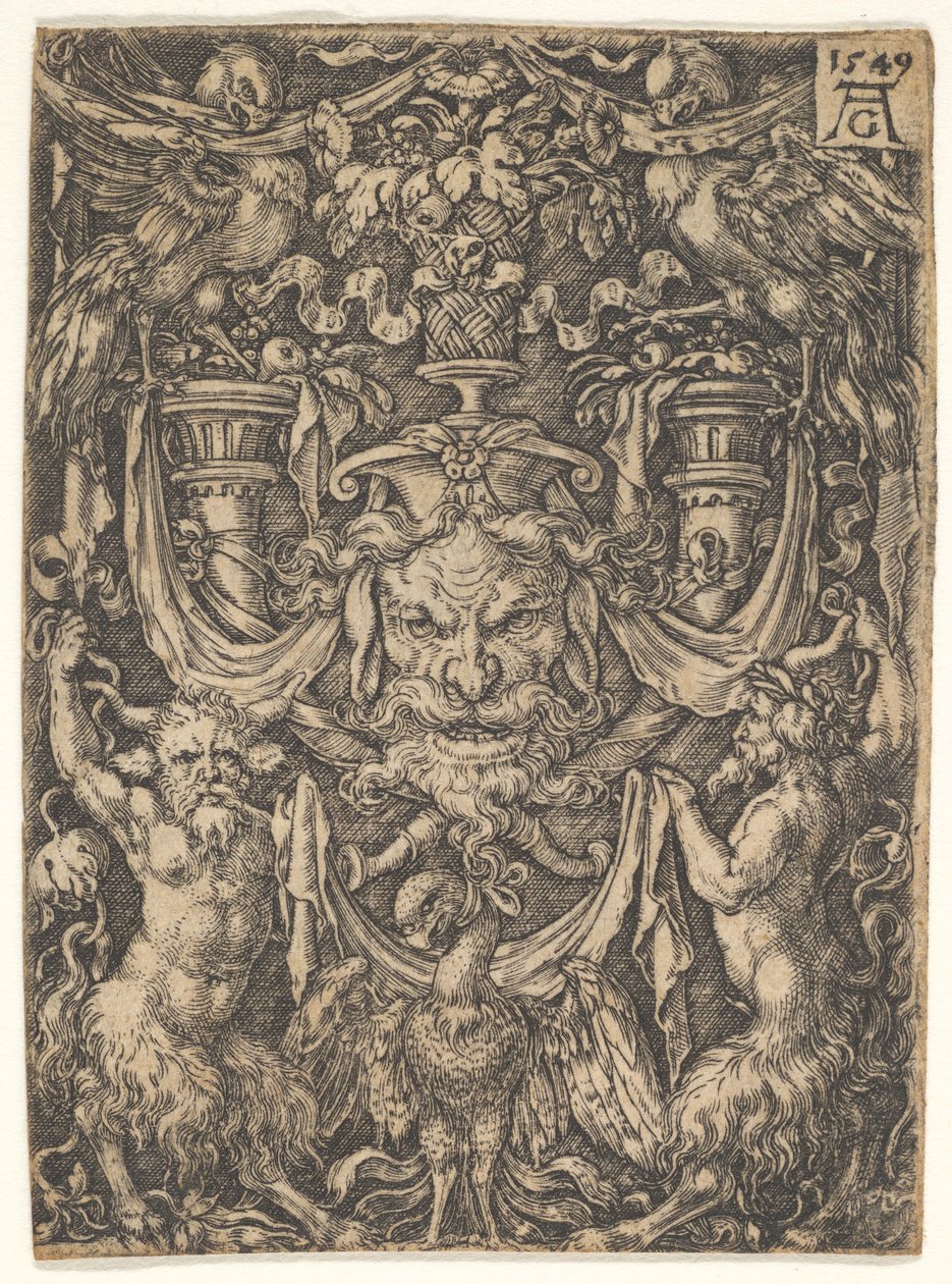Ozdobny wzór z maską i orłem pomiędzy dwoma faunami poniżej, 1549. autorstwa Heinrich Aldegrever