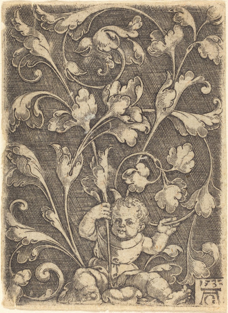 Ozdoba zwoju z siedzącym dzieckiem, 1532. autorstwa Heinrich Aldegrever