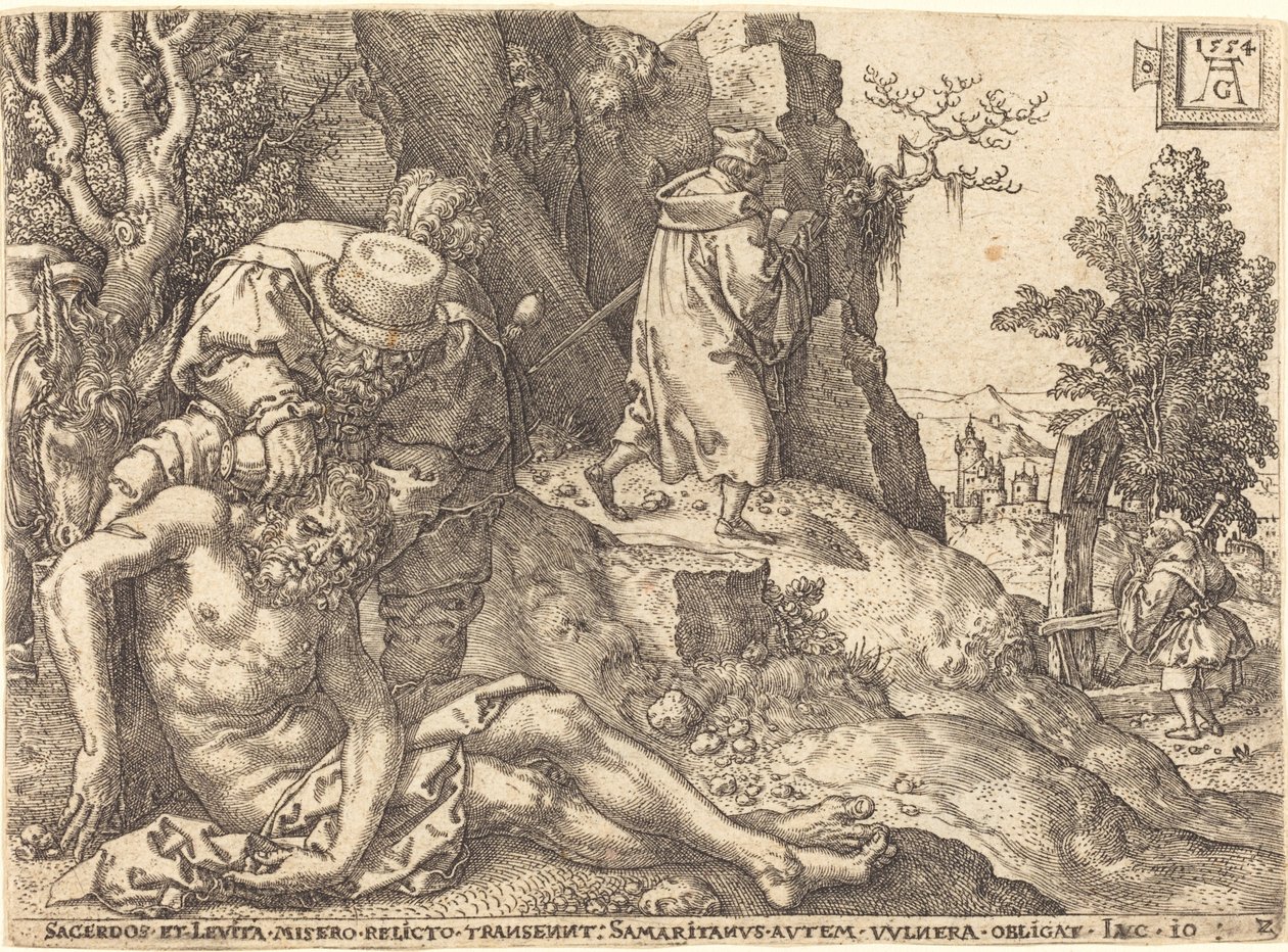 Dobry Samarytanin posługa podróżnikowi, 1554. autorstwa Heinrich Aldegrever
